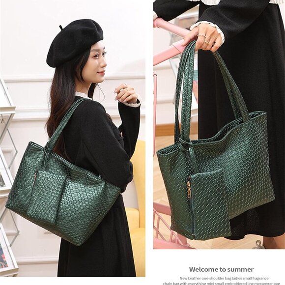 Elegant Vegan Leather Woven Tote Bag Set - Versatile & Stylish 2pc for Women - Picture 6 of 6